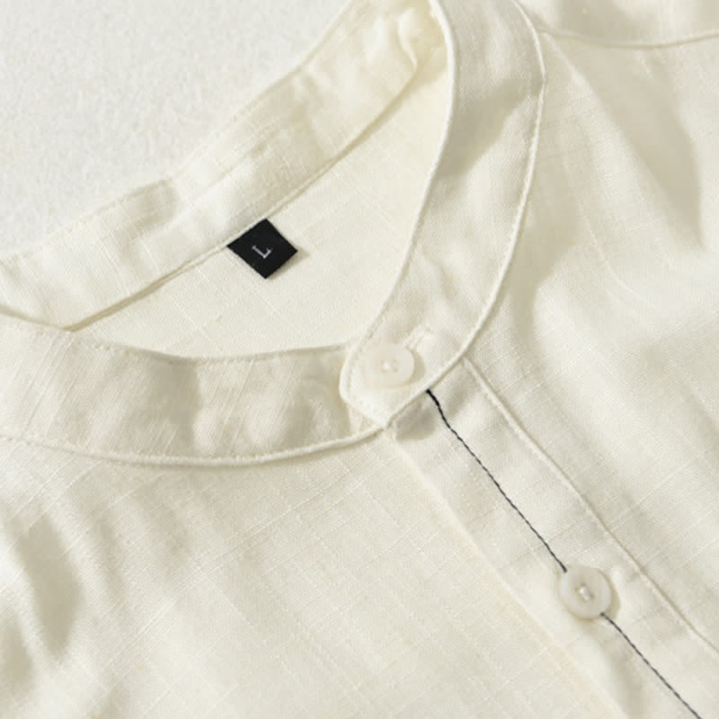 Buddha Stones Summer Casual Tang Style Mandarin Collar Button-Up Solid Men's Short Sleeve Shirts With Pocket - image 2