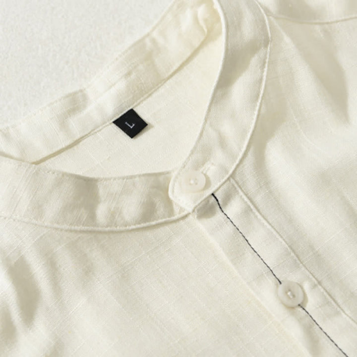Buddha Stones Summer Casual Tang Style Mandarin Collar Button-Up Solid Men's Short Sleeve Shirts With Pocket - image 2