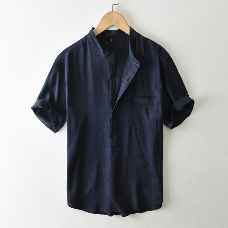 Buddha Stones Summer Casual Tang Style Mandarin Collar Button-Up Solid Men's Short Sleeve Shirts With Pocket - MidnightBlue - US/UK/AU42, EU52 (3XL) - image 15