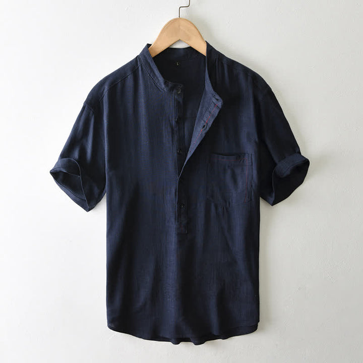 Buddha Stones Summer Casual Tang Style Mandarin Collar Button-Up Solid Men's Short Sleeve Shirts With Pocket - MidnightBlue - US/UK/AU42, EU52 (3XL) - image 15