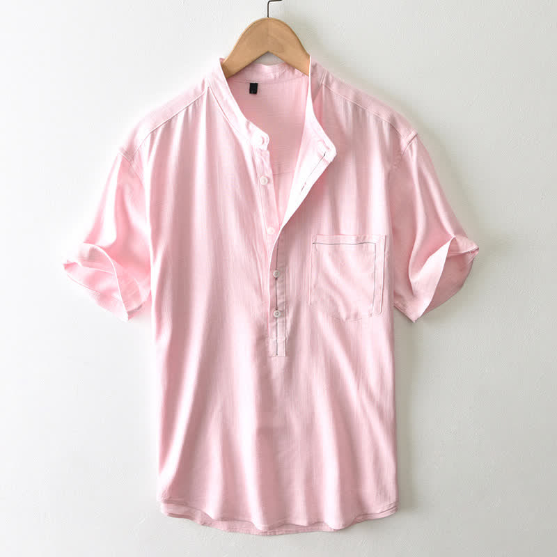 Buddha Stones Summer Casual Tang Style Mandarin Collar Button-Up Solid Men's Short Sleeve Shirts With Pocket - LightPink - US/UK/AU42, EU52 (3XL) - image 16