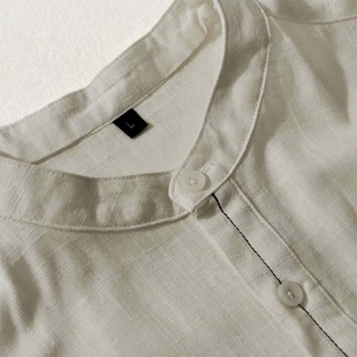 Buddha Stones Summer Casual Tang Style Mandarin Collar Button-Up Solid Men's Short Sleeve Shirts With Pocket - image 9