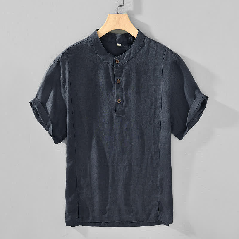 Buddha Stones Summer Tang Style Casual Mandarin Collar Button Up Solid Men's Short Sleeve Shirts - image 1