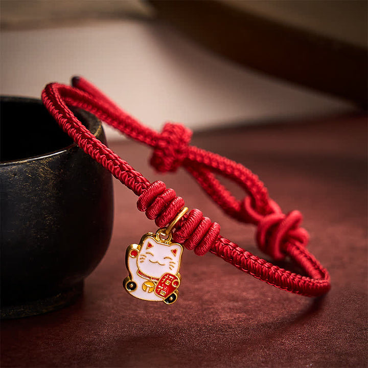 Buddha Stones Handmade Braided Red String Lucky Cat Bringing Good Fortune Fu Character Adjustable Bracelet - Dark Red - 5.91-7.48 in (15-19cm) - image 0