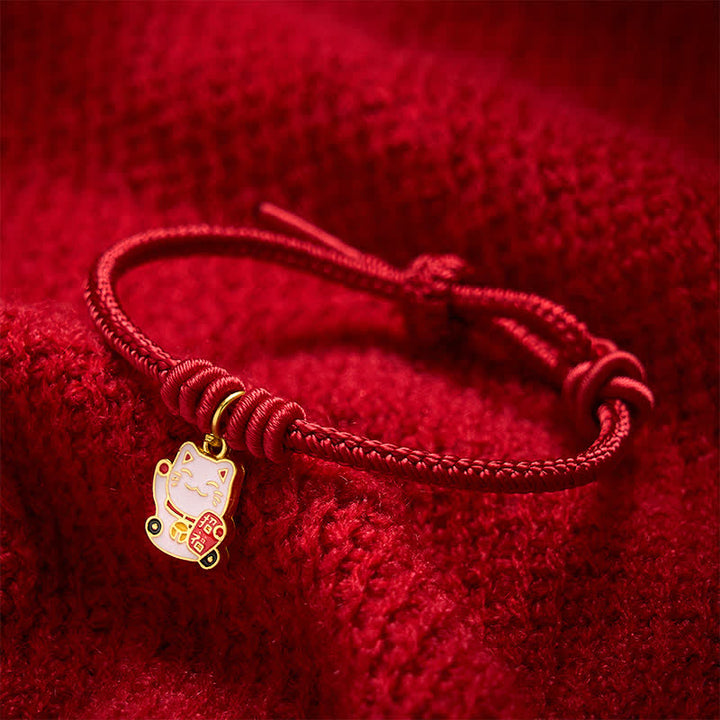 Buddha Stones Handmade Braided Red String Lucky Cat Bringing Good Fortune Fu Character Adjustable Bracelet - image 3