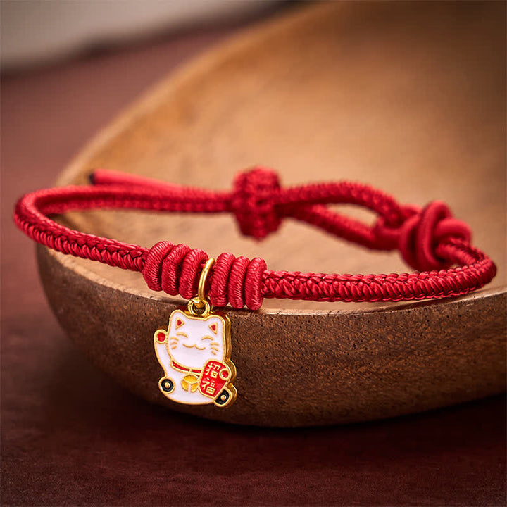 Buddha Stones Handmade Braided Red String Lucky Cat Bringing Good Fortune Fu Character Adjustable Bracelet - image 2