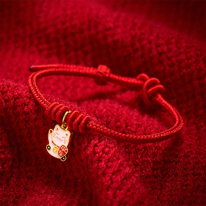 Buddha Stones Handmade Braided Red String Lucky Cat Bringing Good Fortune Fu Character Adjustable Bracelet - image 10