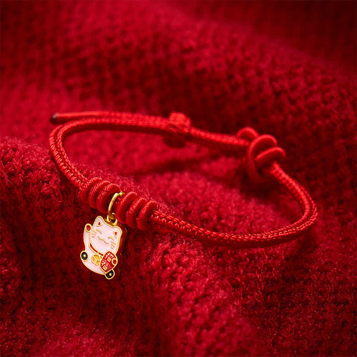 Buddha Stones Handmade Braided Red String Lucky Cat Bringing Good Fortune Fu Character Adjustable Bracelet - image 10