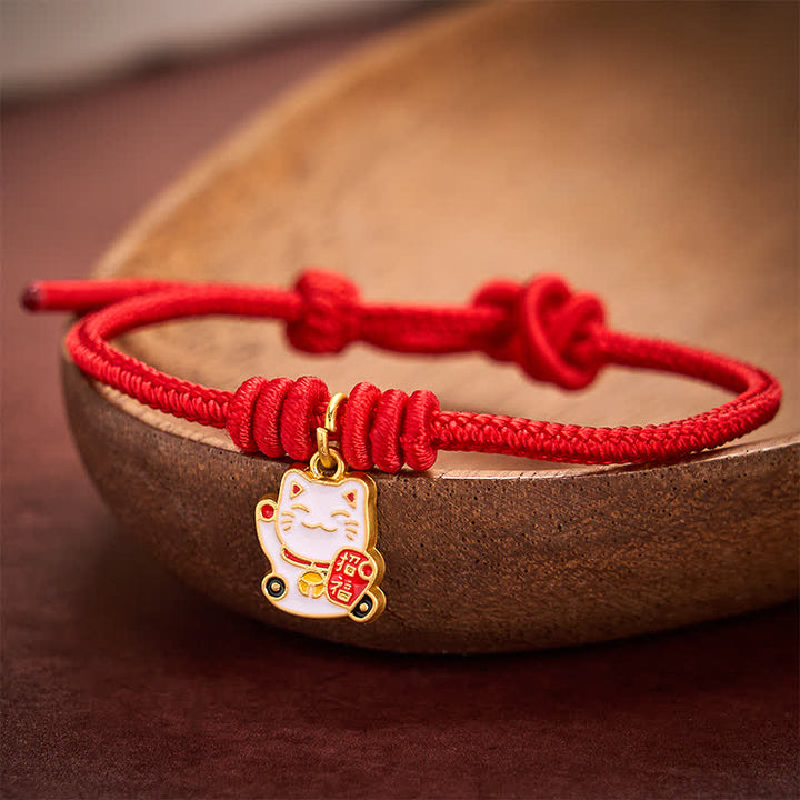 Buddha Stones Handmade Braided Red String Lucky Cat Bringing Good Fortune Fu Character Adjustable Bracelet - image 9