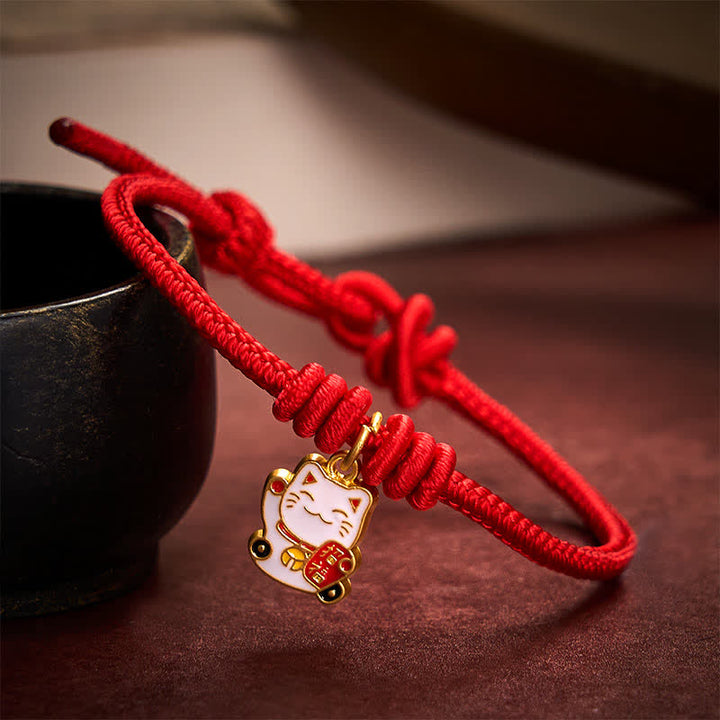 Buddha Stones Handmade Braided Red String Lucky Cat Bringing Good Fortune Fu Character Adjustable Bracelet - Red - 5.91-7.48 in (15-19cm) - image 8