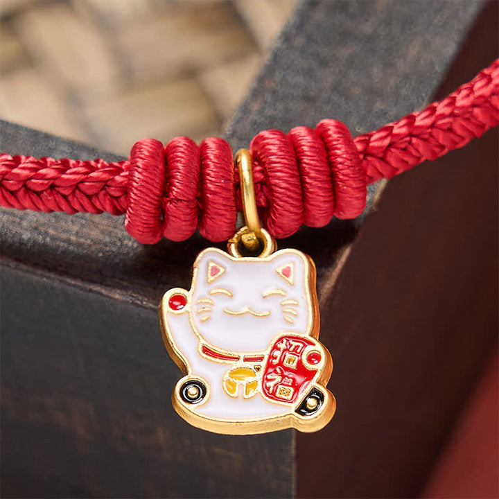 Buddha Stones Handmade Braided Red String Lucky Cat Bringing Good Fortune Fu Character Adjustable Bracelet - image 12