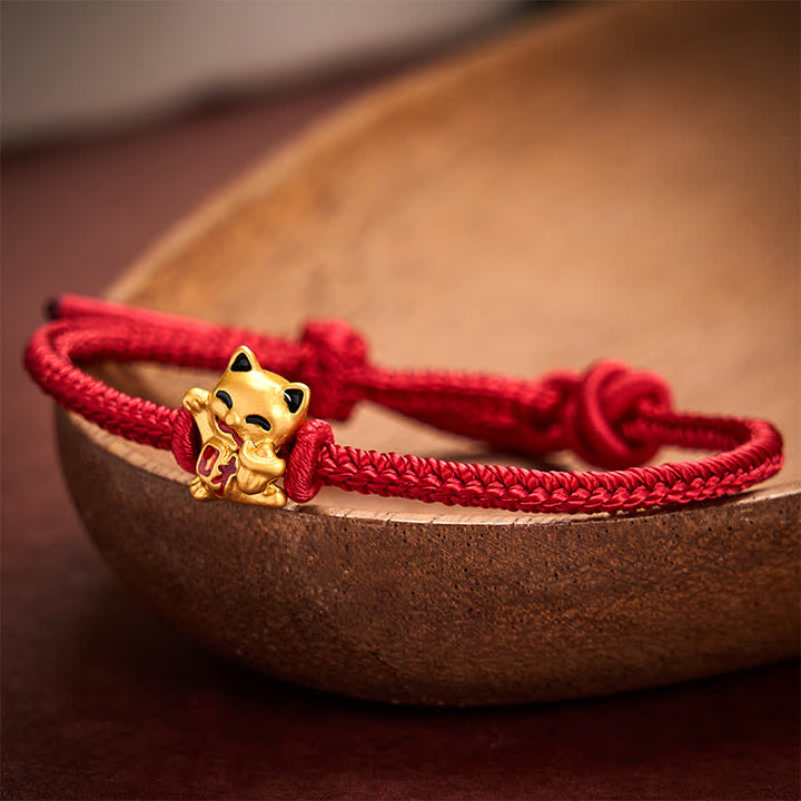 Buddha Stones Handmade Braided Red String Golden Lucky Cat Fortune Adjustable Bracelet - image 1