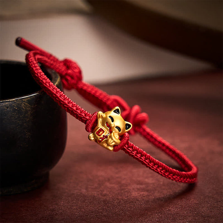 Buddha Stones Handmade Braided Red String Golden Lucky Cat Fortune Adjustable Bracelet - Dark Red - 5.91-7.48 in (15-19cm) - image 6