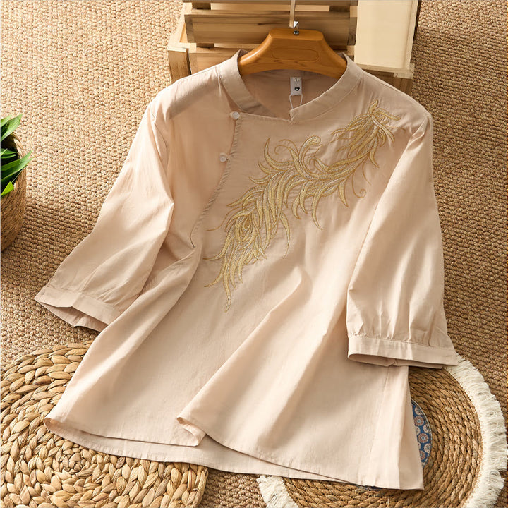 Buddha Stones Spring Vintage Embroidered Feather Mandarin Collar Solid Women's Short Sleeve Shirt - Beige - US8-10，UK/AU12-14，EU40-42 (2XL) - image 7