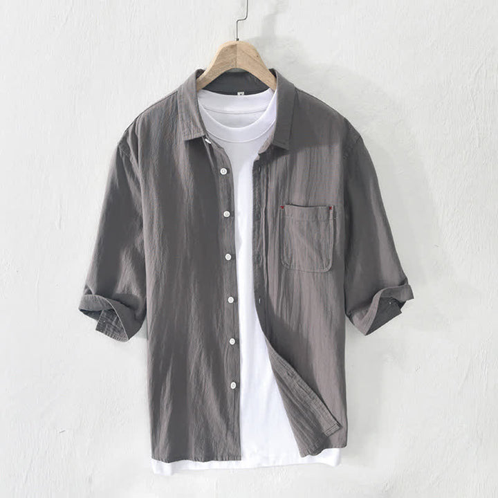 Buddha Stones Summer Casual Minimalist Button-Up Solid Cotton Linen Men's Short Sleeve Shirts With Pocket - image 0