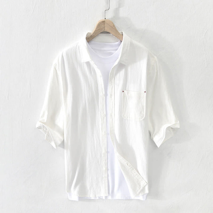 Buddha Stones Summer Casual Minimalist Button-Up Solid Cotton Linen Men's Short Sleeve Shirts With Pocket - image 3