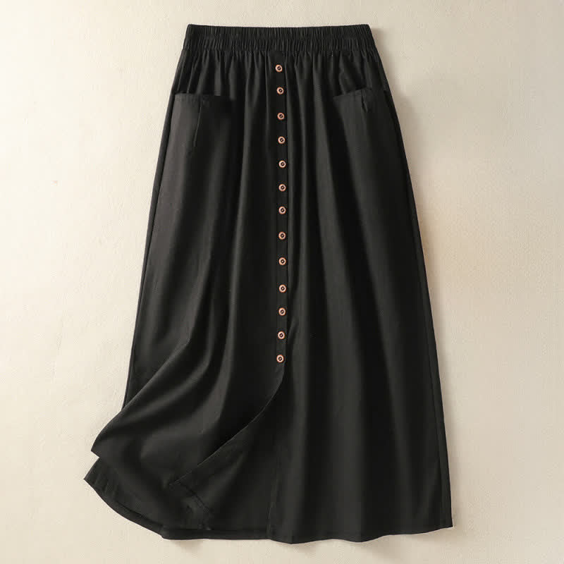 Buddha Stones Summer Casual Boho Button-Up Solid Women's Skirts With Pockets - Black - US6, UK/AU10, EU38 (XL) - image 11