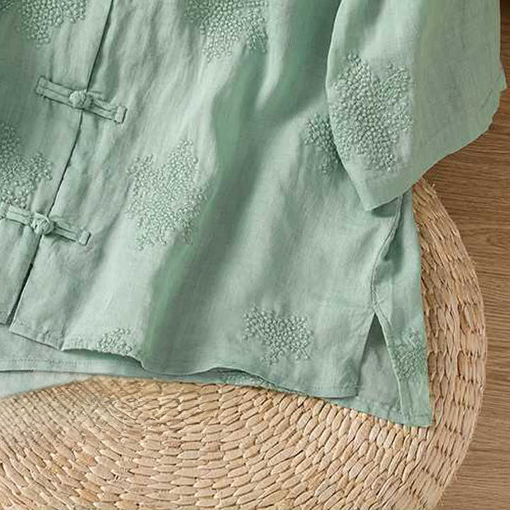 Buddha Stones Summer Tang Style Vintage Mandarin Collar Frog Button Embroidery Solid Women's Short Sleeve Shirts - image 4