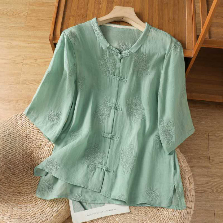 Buddha Stones Summer Tang Style Vintage Mandarin Collar Frog Button Embroidery Solid Women's Short Sleeve Shirts - DarkSeaGreen - US8-10, UK/AU12-14, EU40-42 (2XL) - image 0