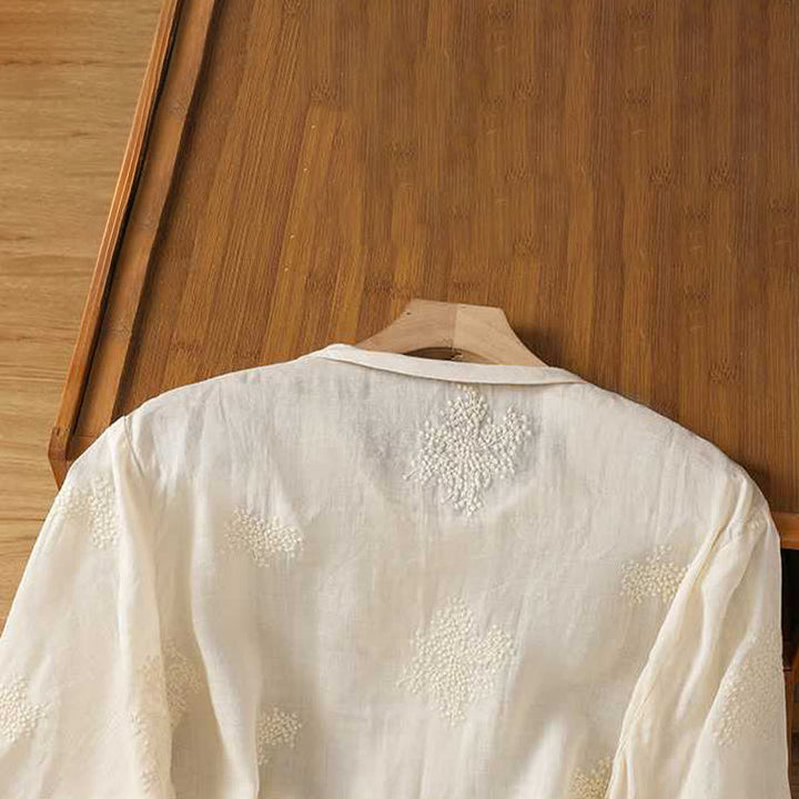 Buddha Stones Summer Tang Style Vintage Mandarin Collar Frog Button Embroidery Solid Women's Short Sleeve Shirts - image 10