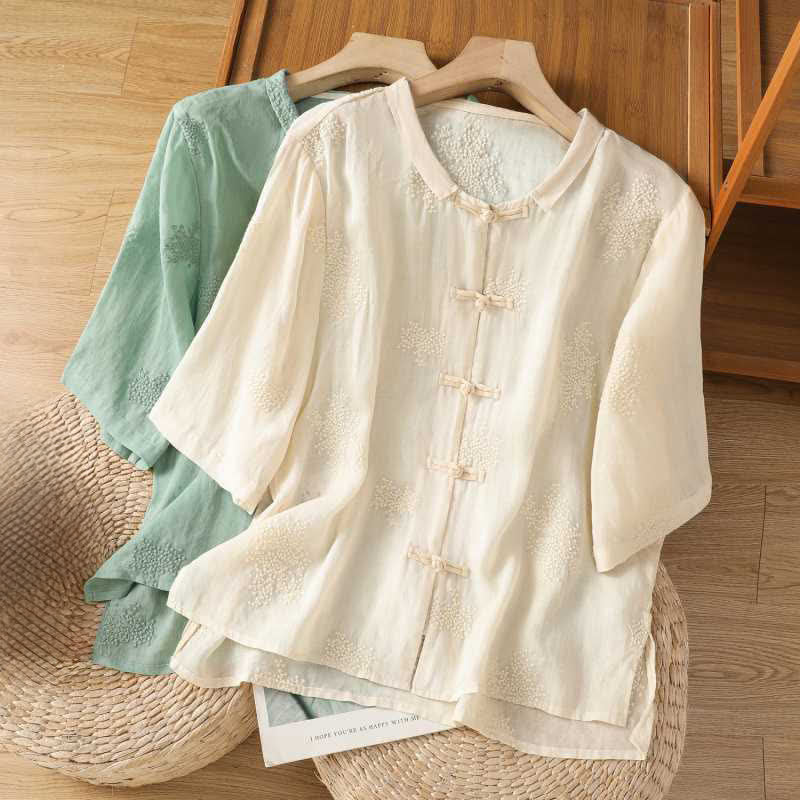Buddha Stones Summer Tang Style Vintage Mandarin Collar Frog Button Embroidery Solid Women's Short Sleeve Shirts - image 19