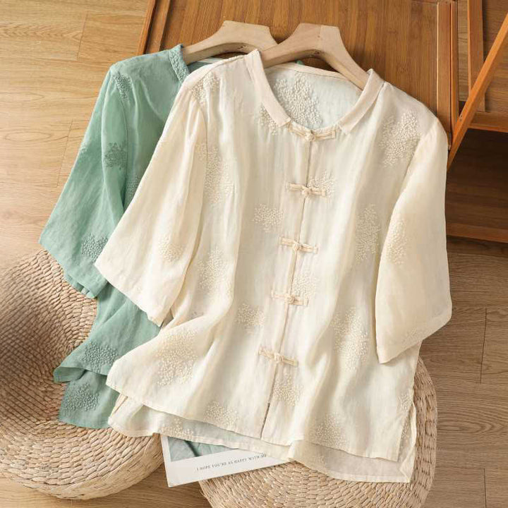 Buddha Stones Summer Tang Style Vintage Mandarin Collar Frog Button Embroidery Solid Women's Short Sleeve Shirts - image 19