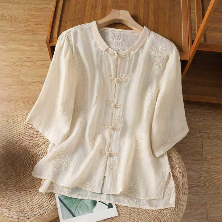 Buddha Stones Summer Tang Style Vintage Mandarin Collar Frog Button Embroidery Solid Women's Short Sleeve Shirts - AntiqueWhite - US8-10, UK/AU12-14, EU40-42 (2XL) - image 6