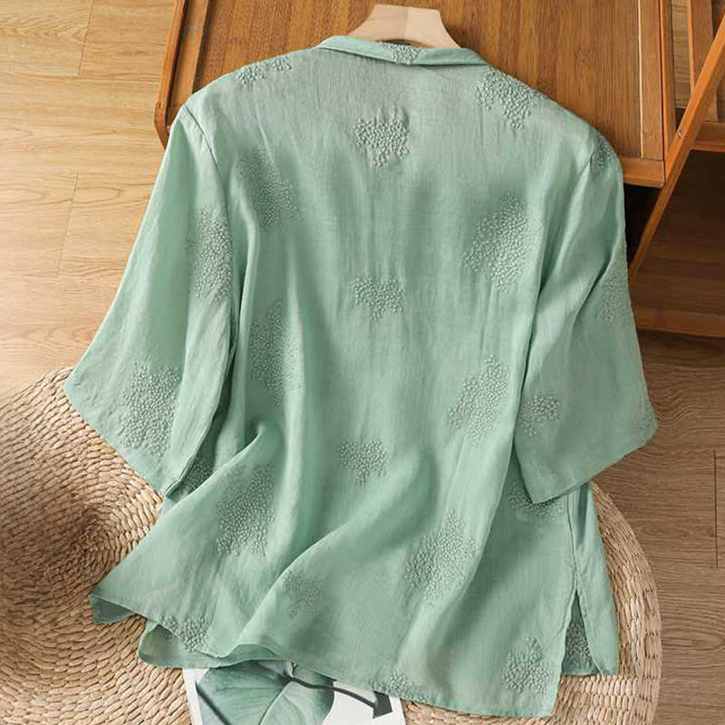 Buddha Stones Summer Tang Style Vintage Mandarin Collar Frog Button Embroidery Solid Women's Short Sleeve Shirts - image 1