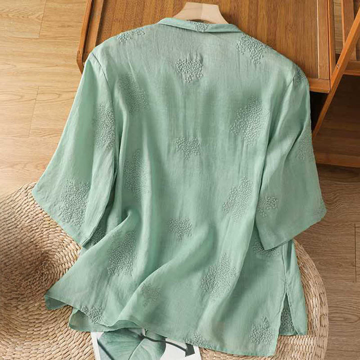 Buddha Stones Summer Tang Style Vintage Mandarin Collar Frog Button Embroidery Solid Women's Short Sleeve Shirts - image 1