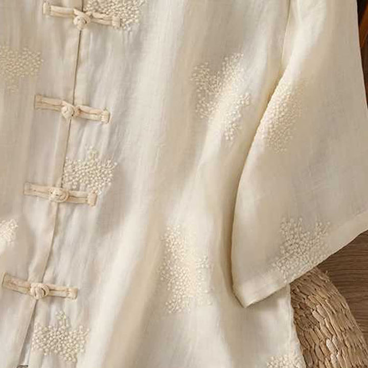 Buddha Stones Summer Tang Style Vintage Mandarin Collar Frog Button Embroidery Solid Women's Short Sleeve Shirts - image 12