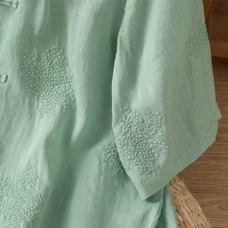 Buddha Stones Summer Tang Style Vintage Mandarin Collar Frog Button Embroidery Solid Women's Short Sleeve Shirts - image 5