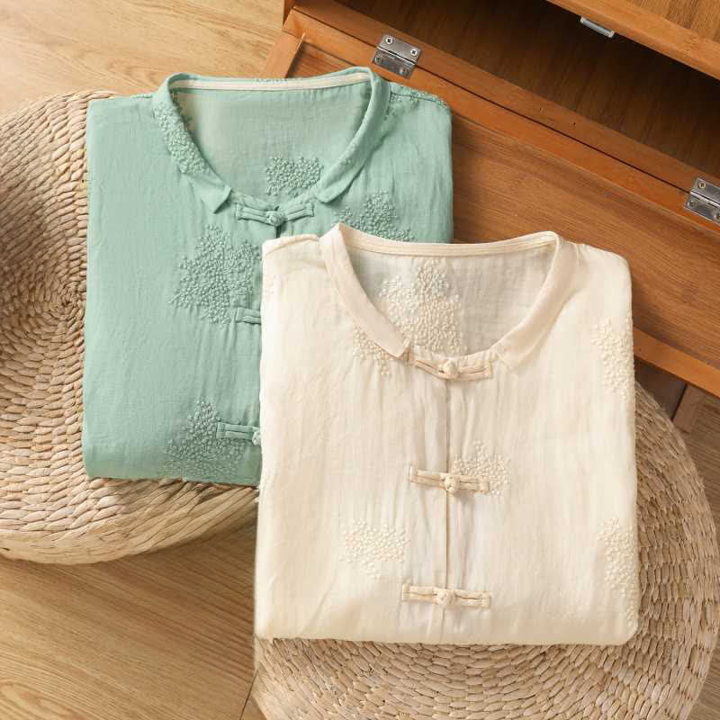 Buddha Stones Summer Tang Style Vintage Mandarin Collar Frog Button Embroidery Solid Women's Short Sleeve Shirts - image 20