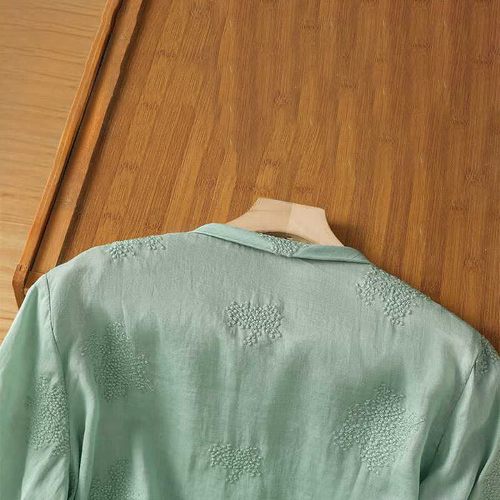 Buddha Stones Summer Tang Style Vintage Mandarin Collar Frog Button Embroidery Solid Women's Short Sleeve Shirts - image 3
