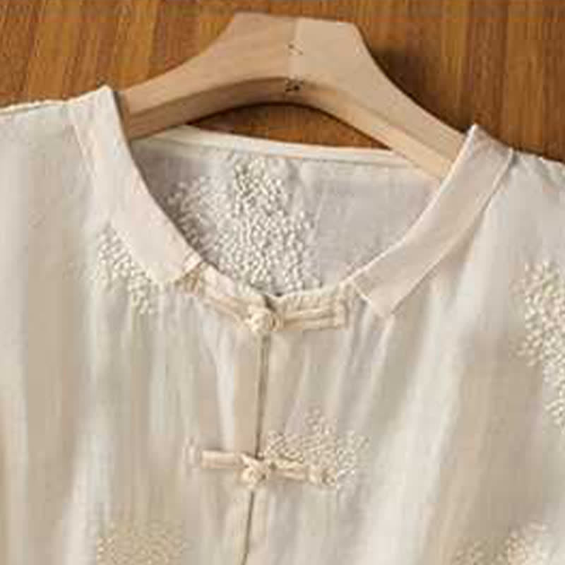 Buddha Stones Summer Tang Style Vintage Mandarin Collar Frog Button Embroidery Solid Women's Short Sleeve Shirts - image 9