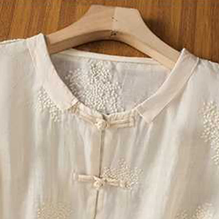 Buddha Stones Summer Tang Style Vintage Mandarin Collar Frog Button Embroidery Solid Women's Short Sleeve Shirts - image 9