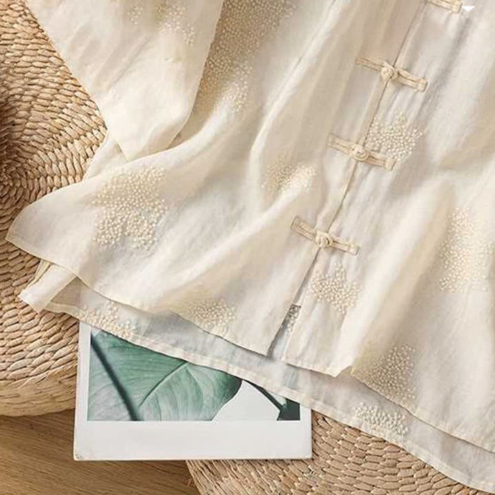 Buddha Stones Summer Tang Style Vintage Mandarin Collar Frog Button Embroidery Solid Women's Short Sleeve Shirts - image 14