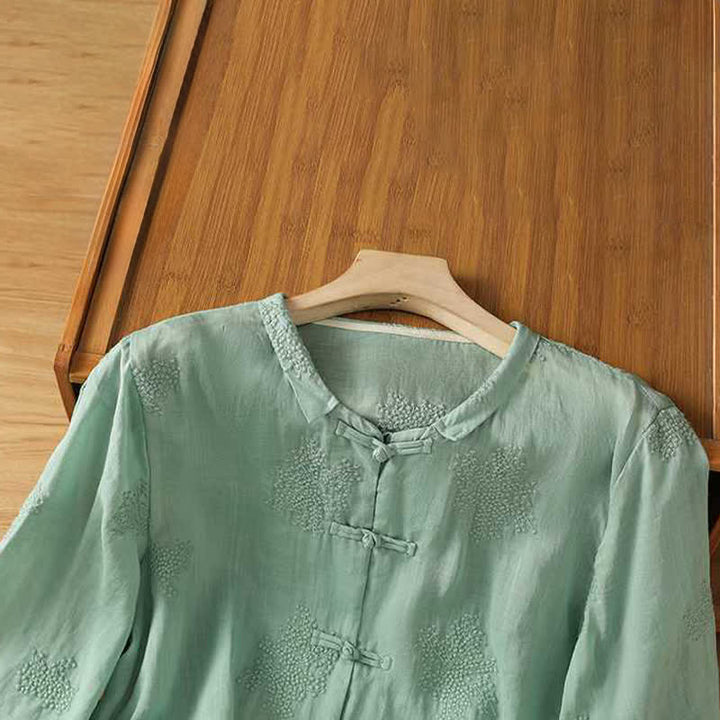 Buddha Stones Summer Tang Style Vintage Mandarin Collar Frog Button Embroidery Solid Women's Short Sleeve Shirts - image 2