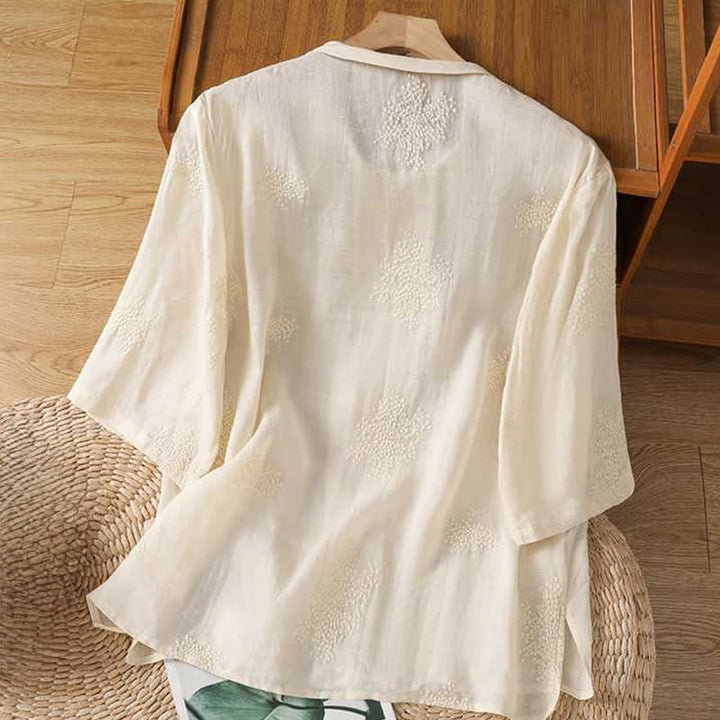 Buddha Stones Summer Tang Style Vintage Mandarin Collar Frog Button Embroidery Solid Women's Short Sleeve Shirts - image 7