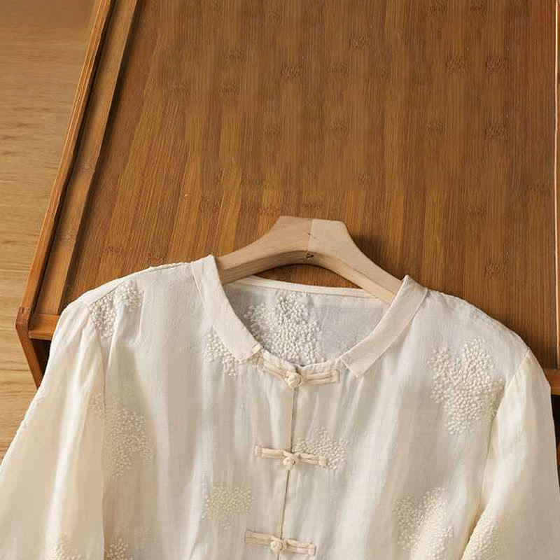Buddha Stones Summer Tang Style Vintage Mandarin Collar Frog Button Embroidery Solid Women's Short Sleeve Shirts - image 8