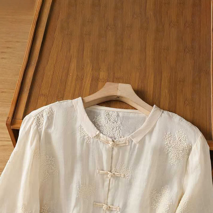 Buddha Stones Summer Tang Style Vintage Mandarin Collar Frog Button Embroidery Solid Women's Short Sleeve Shirts - image 8
