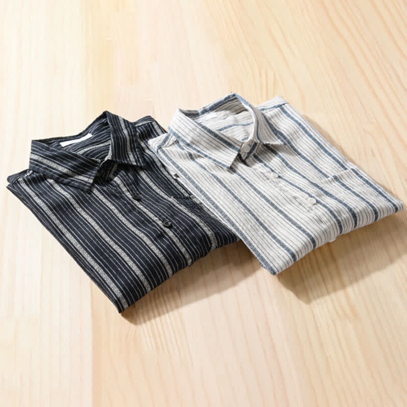 Buddha Stones Summer Casual Button Up Striped Cotton Men's Short Sleeve Shirts With Patch Pocket - image 13
