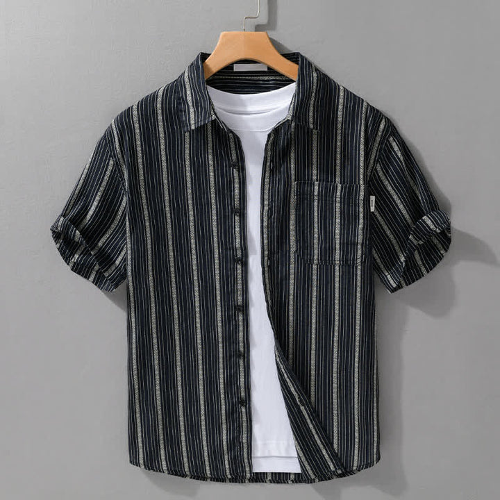 Buddha Stones Summer Casual Button Up Striped Cotton Men's Short Sleeve Shirts With Patch Pocket - Black - US/UK/AU42, EU52 (3XL) - image 8
