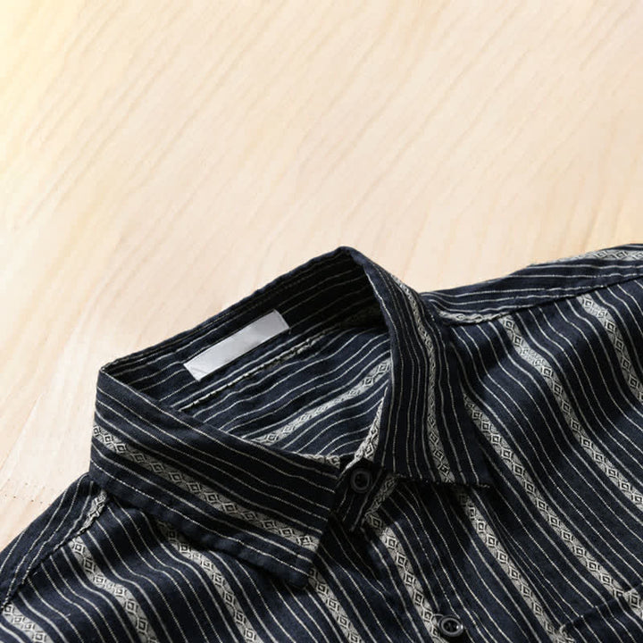 Buddha Stones Summer Casual Button Up Striped Cotton Men's Short Sleeve Shirts With Patch Pocket - image 9