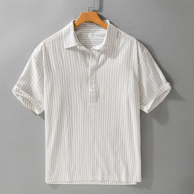 Buddha Stones Summer Casual Minimalist Half Button Striped Cotton Men's Short Sleeve Shirts - Beige - US/UK/AU42, EU52 (3XL) - image 9