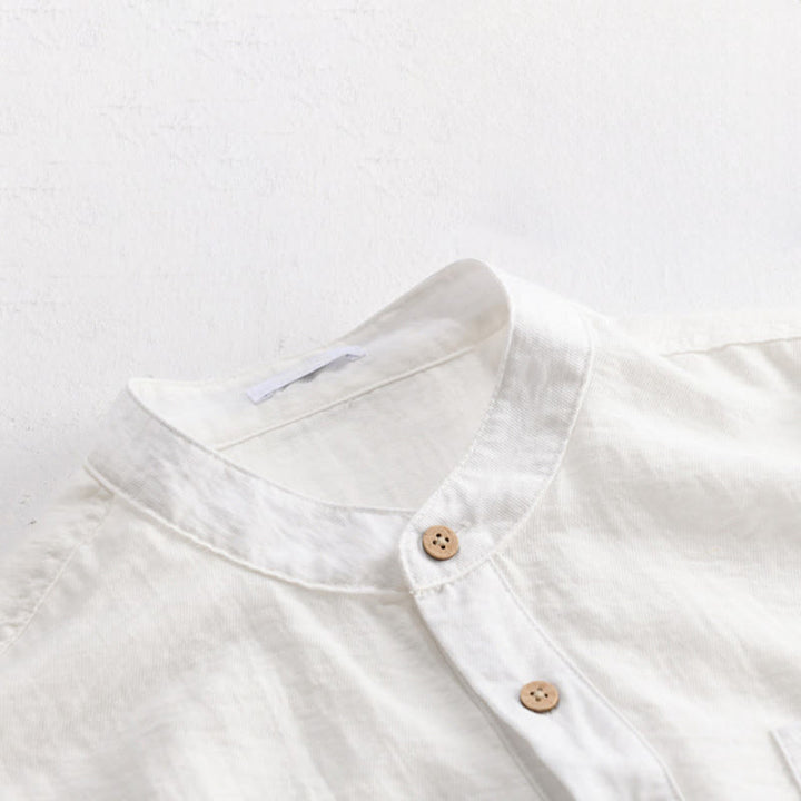 Buddha Stones Summer Tang Style Casual Mandarin Collar Half Button Solid Men's Short Sleeve Shirts With Patch Pocket - image 12