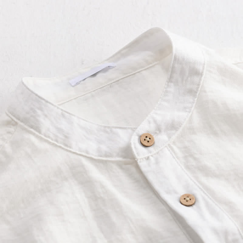 Buddha Stones Summer Tang Style Casual Mandarin Collar Half Button Solid Men's Short Sleeve Shirts With Patch Pocket - image 13