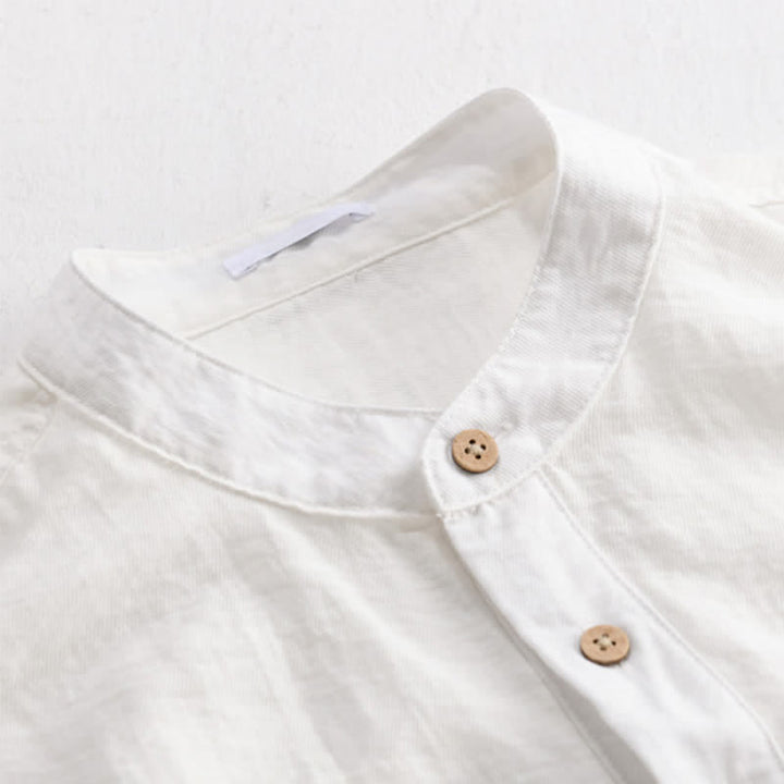 Buddha Stones Summer Tang Style Casual Mandarin Collar Half Button Solid Men's Short Sleeve Shirts With Patch Pocket - image 13
