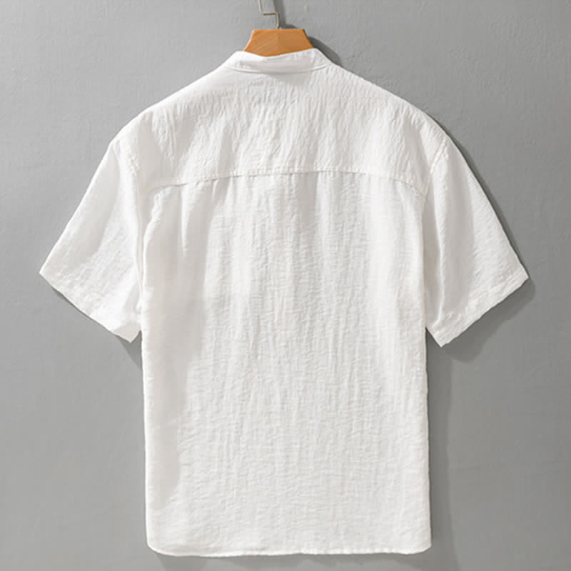 Buddha Stones Summer Tang Style Casual Mandarin Collar Half Button Solid Men's Short Sleeve Shirts With Patch Pocket - image 11