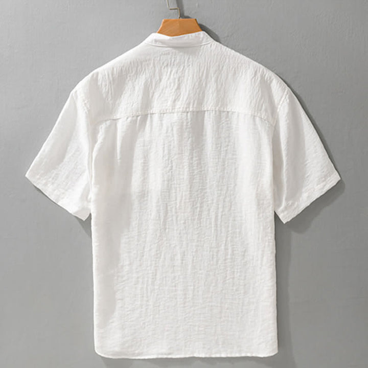 Buddha Stones Summer Tang Style Casual Mandarin Collar Half Button Solid Men's Short Sleeve Shirts With Patch Pocket - image 11