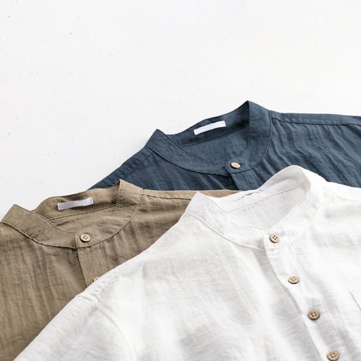 Buddha Stones Summer Tang Style Casual Mandarin Collar Half Button Solid Men's Short Sleeve Shirts With Patch Pocket - image 20